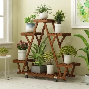 Triangular 6 Potted Wood Plant Holder with Wheels