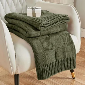 Knit Throw Blanket, Olive Green Checkered Throw