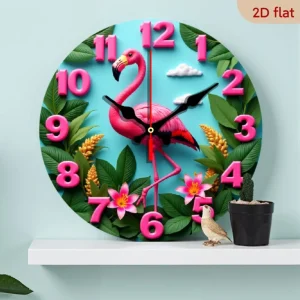 Wall Clock, Pink Flamingo in Tropical Garden